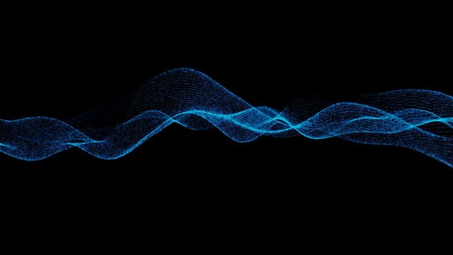Animation neon blue wave. Spiral rotation shimmer line, point. Chaotic flow water. Alpha channel. Glowing musical wave particles. LED strip. Technology, medicine, business. 3d rendering. QuickTime. 4k