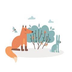 Fox and rabbit in the foliar forest. Isolated comic scene of Hunting. Summer forest animals print concept. Hand drawn childish vector illustration