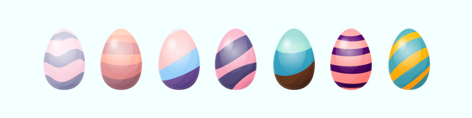 Seven Easter eggs with different color, patterns and textures. Isolated vector eggs on white background for greeting cards, posters and holiday design