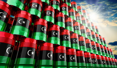 Fototapeta na wymiar Oil barrels with flag of Libya - 3D illustration