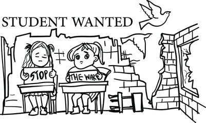 Hand drawn and illustration No war and stop war in ukraine. Children wanted. Student wanted save Ukraine.