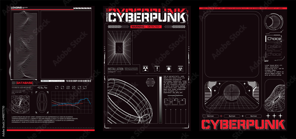 Leinwandbilder Cyberpunk retro futuristic posters abstract cosmic shapes. Collection of modern abstract posters in acid style. Digital design elements hud style. Trendy 2022 shapes in cyberpunk style. Black and Red