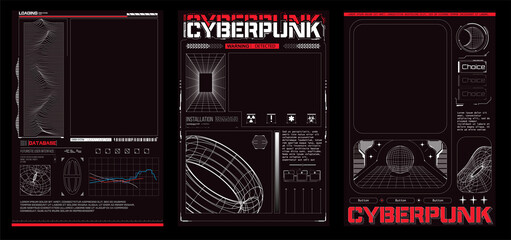 Cyberpunk retro futuristic posters abstract cosmic shapes. Collection of modern abstract posters in acid style. Digital design elements hud style. Trendy 2022 shapes in cyberpunk style. Black and Red - obrazy, fototapety, plakaty