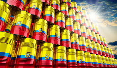 Oil barrels with flag of Ecuador - 3D illustration