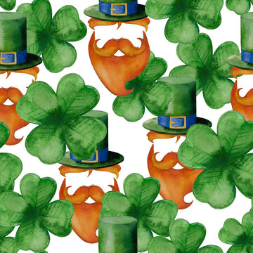 Watercolor illustration with many four leaf clovers and leprechaun's face silhouette in top hat for the St. Patrick's Day holiday layout design. Hand drawn red beard, mustache on floral background.