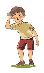 Speak out. The boy shows that he does not hear. Deaf guy. Hand-drawn vector illustration.
