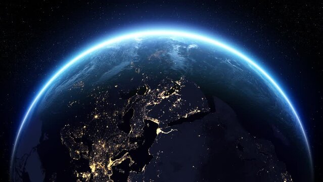 Beautiful Blue Planet. Sunrise Over the Rotating Earth. Night Cities Illustration. Skyline 3d Animation View from Space. Modern Business Technology Concept 4k UHD 3840x2160
