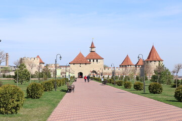 Ancient fortress of the port city, stone walls, isolated knight elements