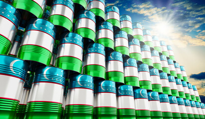 Oil barrels with flag of Uzbekistan - 3D illustration