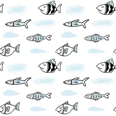 Vector fishes doodles seamless pattern.. Cute nursery clipart. Hand drawn illustration. Perfect for textile print, baby shower, kids bedroom decor, birthday party, packaging design, wrapping paper