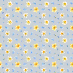 Pattern with daffodils and forget-me-nots, watercolor illustration on a gray background