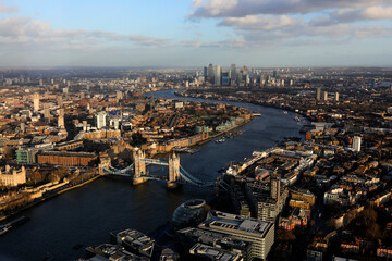 London view with the most iconic symbol of London, Tower Bridge illuminated by the last rays of the...