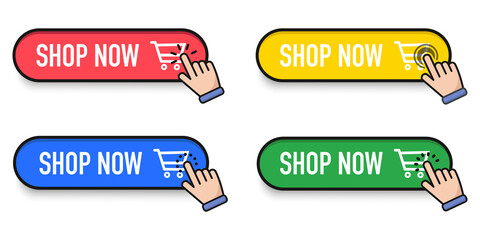Shop Now Button Click Mouse Cursor and Shopping Ticket Vector Design on White Background