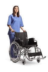 Fototapeta na wymiar Female nurse standing with an empty wheelchair