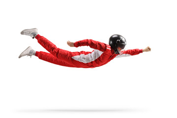 Car racer in a red suit and black helmet flying