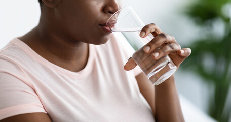 Cropped view of overweight black female drinking mineral water from glass indoors, panorama