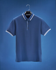 Voluminous polo shirt hanging on hanger, dark blue background colours, white, beige, blue.