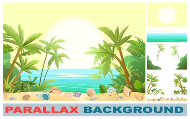 Sea beach. Set for parallax effect. Summer seascape. Far away is the ocean horizon. Calm weather. Jungle palm trees. Seashells and shell close up. Flat style illustration. Vector