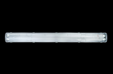 Long modern LED lamp with plastic housing isolated on black background