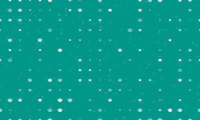 Seamless background pattern of evenly spaced white pot symbols of different sizes and opacity. Vector illustration on teal background with stars