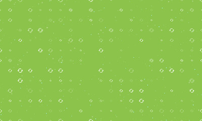 Seamless background pattern of evenly spaced white refresh symbols of different sizes and opacity. Vector illustration on light green background with stars