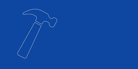 A large white outline hammer symbol on the left. Designed as thin white lines. Vector illustration on blue background