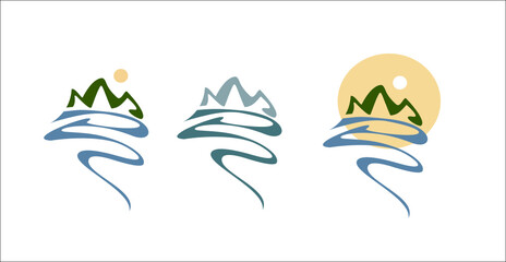 Fototapeta premium logo, mountains, isolated, symbol, icon, nature, mountain, river, landscape, travel, relief, canyon, hills, hills, mouth, stream, eco, bio, natural,