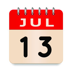 13 day of the month. July. Flip old formal calendar. 3d daily icon. Date. Week Sunday, Monday, Tuesday, Wednesday, Thursday, Friday, Saturday. Cut paper. White background. Vector illustration. 
