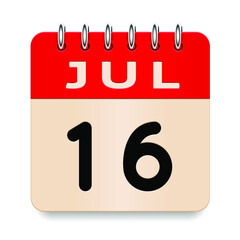 16 day of the month. July. Flip old formal calendar. 3d daily icon. Date. Week Sunday, Monday, Tuesday, Wednesday, Thursday, Friday, Saturday. Cut paper. White background. Vector illustration. 