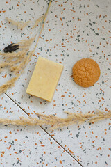 Cosmetic soap and washcloth for the body. Cosmetic set for skin care. Care kit in the bathroom. Beauty routine set. organic cosmetics