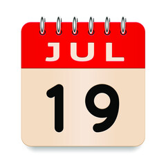 19 day of the month. July. Flip old formal calendar. 3d daily icon. Date. Week Sunday, Monday, Tuesday, Wednesday, Thursday, Friday, Saturday. Cut paper. White background. Vector illustration. 
