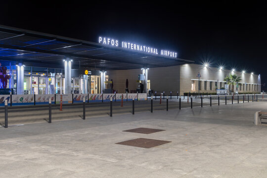 Paphos, Cyprus - April 2, 2022: Night view on Paphos International Airport, joint civil-military public airport.