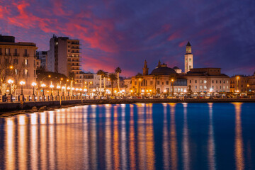 Panoramic view of Bari, Southern Italy, the region of Puglia(Apulia) seafront at dusk. Basilica San Nicola in the background. 
