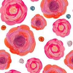Flowers hand drawn seamless pattern. Illustration. Acrylic paints of pink roses. Mother's Day, wedding, birthday, Easter, Valentine's Day. Bright pastel colors. Isolated on white background