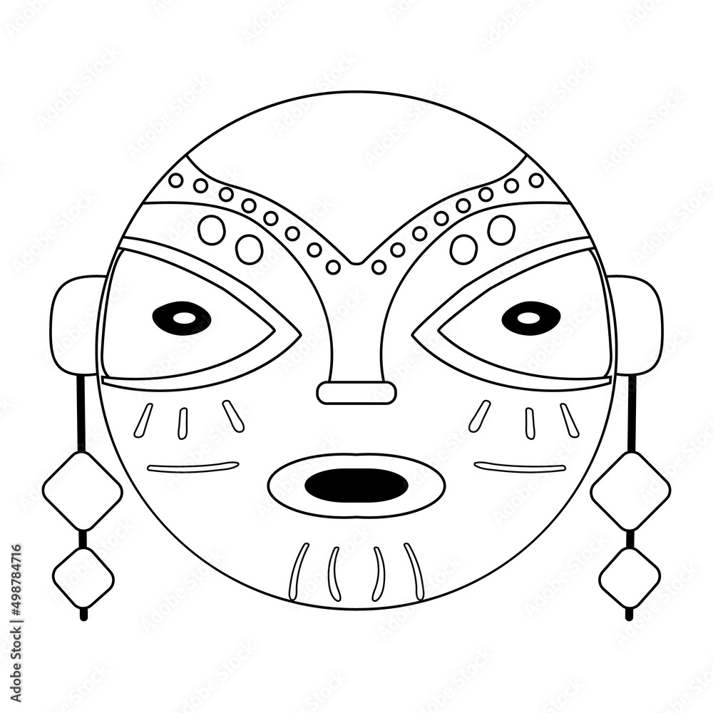 Wall mural wooden african mask with decoration. coloring page. cartoon vector illustration