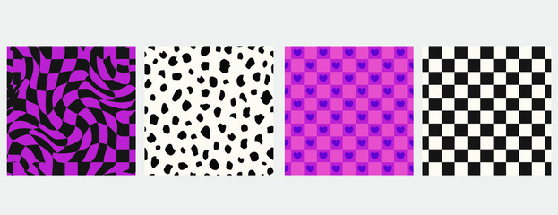 Set of fuchsia pink, black and white checkered seamless patterns