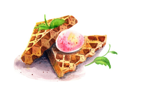 watercolor illustration of waffles with icecream