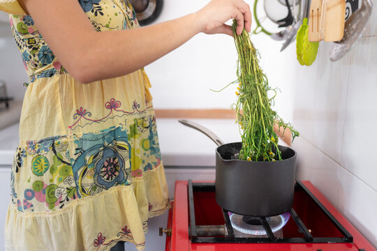 Unrecognizable woman purring dried chamomiles into saucepan
