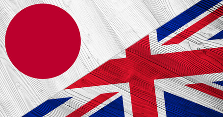 Background with flag of Japan and England on divided wooden board. 3d illustration