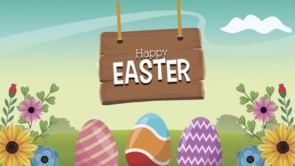 happy easter lettering celebration with flowers garden