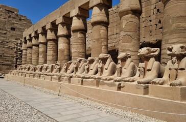 Row of ram-headed sphinxes at Karnak Temple in Luxor, Egypt. - obrazy, fototapety, plakaty