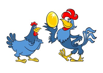 Vector image of a cockerel and a hen. The rooster and the hen show the golden egg. Rooster and hen drawn in cartoon style. © Ilmar