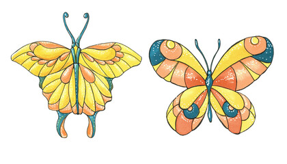 Illustration of beautiful exotic butterfly with colorful wings. Set with tropical flying insect.