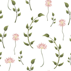 Botanical seamless pattern with meadow green leaves and flowers. Floral illustrations for scrapbooking, wallpapers, textile, packaging, fashion, background.