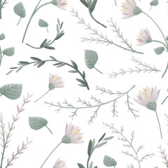 Pastel botanical seamless pattern with meadow leaves and flowers. Floral illustrations for scrapbooking, wallpapers, textile, packaging, fashion, background.