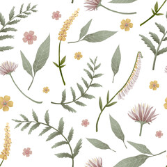 Obraz premium Hand painted seamless pattern with green garden foliage and flowers. Floral illustrations for scrapbooking, wallpapers, textile, packaging, fashion, background.