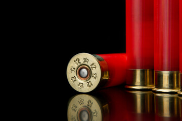 Shotgun shells on a black reflective surface. Ammunition for 12 gauge smoothbore weapons. Hunting ammunition. Dark back.