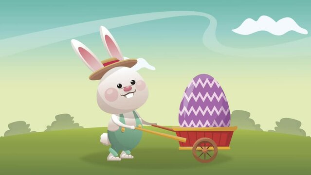 happy easter celebration with rabbit and wheelbarrow