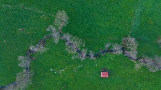 Landscape in San Miguel de Aras in the municipality of Voto. Aerial view from a drone. Aras Valley, Cantabria, Spain, Europe