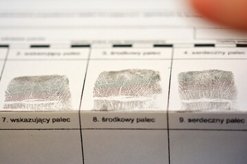 Pobieranie odbitek linii papilarnych od osoby przez policję w celu identyfikacji. 